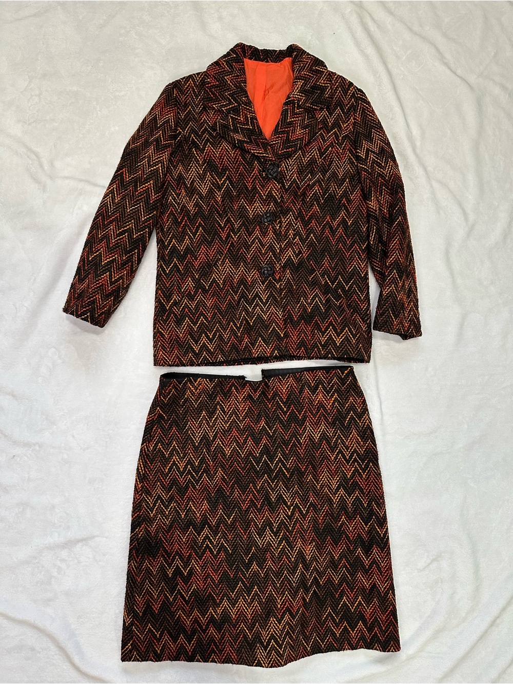 Chevron Knit Two-Piece Jacket & Skirt Set in Black and Orange